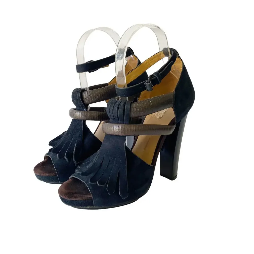 L.A.M.B Hortensia Womens Size 7 Dark Blue Fringe Suede Brown Strap Heels